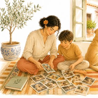 Mama z synem oglądają zdjęcia psa